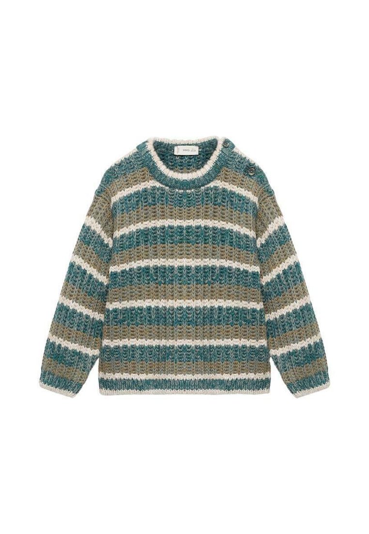 Pleteni pulover z vodoravnimi črtami v barvah teal, bež in bele. Okrogla izrezana ovratnica z gumbi na rami. Tekstilirana tkanina.