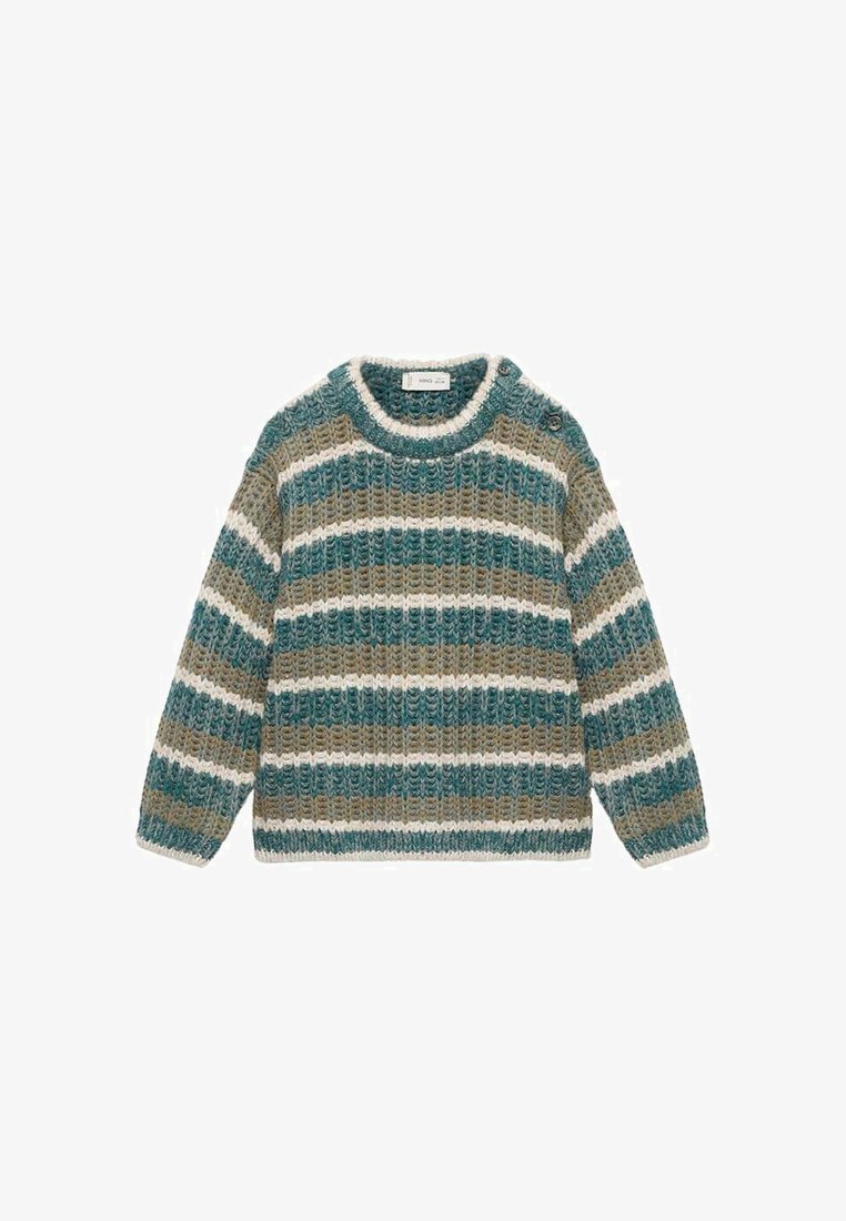 Pletený sveter s horizontálnymi pruhmi v odtieňoch tyrkysovej, béžovej a bielej. Okrúhly výstrih s gombíkovými akcentmi na pleci. Textúrovaná tkanina.