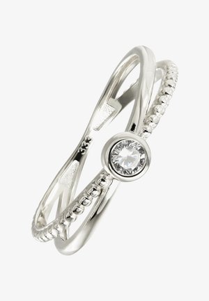 Bague en argent au design entrelacé, avec une pierre centrale transparente. Anneau texturé orné de petites perles surélevées et finition polie.