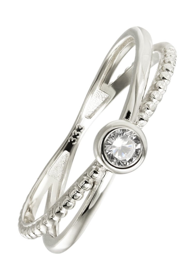 Bague en argent au design entrelacé, avec une pierre centrale transparente. Anneau texturé orné de petites perles surélevées et finition polie.