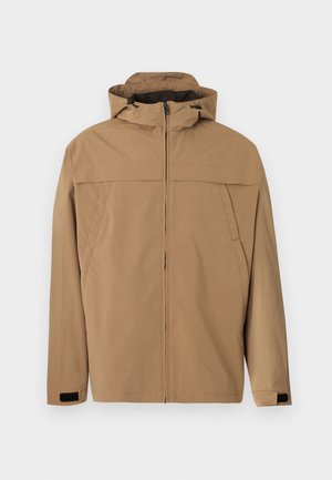 Svetlo rjava jopa s kapuco, sprednjo zadrgo, poševnimi stranskimi žepi in nastavljivimi manšetami na ježka.