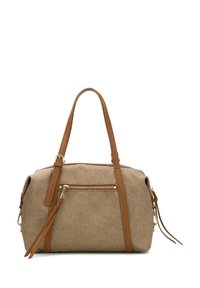Borsa a mano beige texturizzata con accenti marroni, dotata di una tasca frontale con zip e due robuste maniglie superiori. Dettagli in hardware dorato.