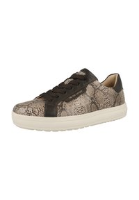 Sneakers con una stampa a serpente testurizzata in beige e marrone, con un sovrapposto in pelle scura e lacci abbinati, su una suola in gomma bianca.