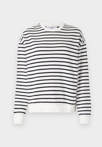 Sudadera rayada hecha de mezcla de algodón, con rayas horizontales negras y blancas, cuello redondo con ribete y puños ajustados.