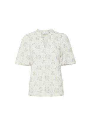 Bluză cu model floral în alb, cu accente de albastru deschis și galben. Are mâneci scurte și un decolteu în V, cu o croială lejeră.
