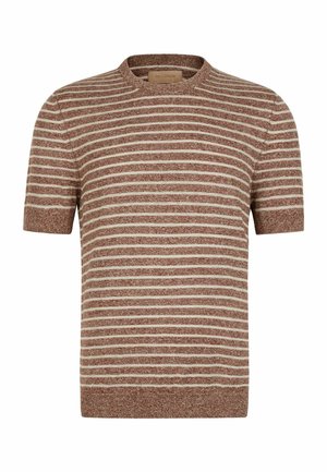 Kurzärmeliger Rundhals-Pullover mit horizontalen beigen und braunen Streifen, strukturiertem Strick und gerippten Bündchen und Saum.