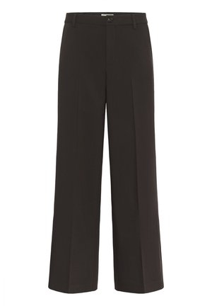 Pantalons larges marron foncé en tissu doux, dotés d'une fermeture à bouton à l'avant et de deux plis avant pour la forme et la structure.