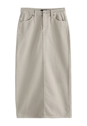 Beige Denim rok met hoge taille, riemlussen, knoop aan de voorkant, ritssluiting, twee voorzakken en een rechte knielange snit.