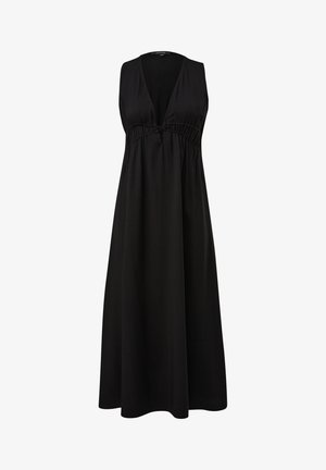 Schwarzes Maxikleid mit tiefem V-Ausschnitt, ärmellosem Design, geraffter Taille und fließender Silhouette. Hergestellt aus weichem, leichtem Stoff.