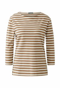Striped long-sleeve top in brown and cream, featuring a wide neckline and a straight cut. Soft fabric with a smooth texture.