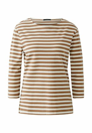 Striped long-sleeve top in brown and cream, featuring a wide neckline and a straight cut. Soft fabric with a smooth texture.