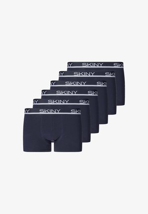 Six pairs of navy blue men's boxer briefs with gray waistbands, each waistband branded with "SKINY" in white letters.