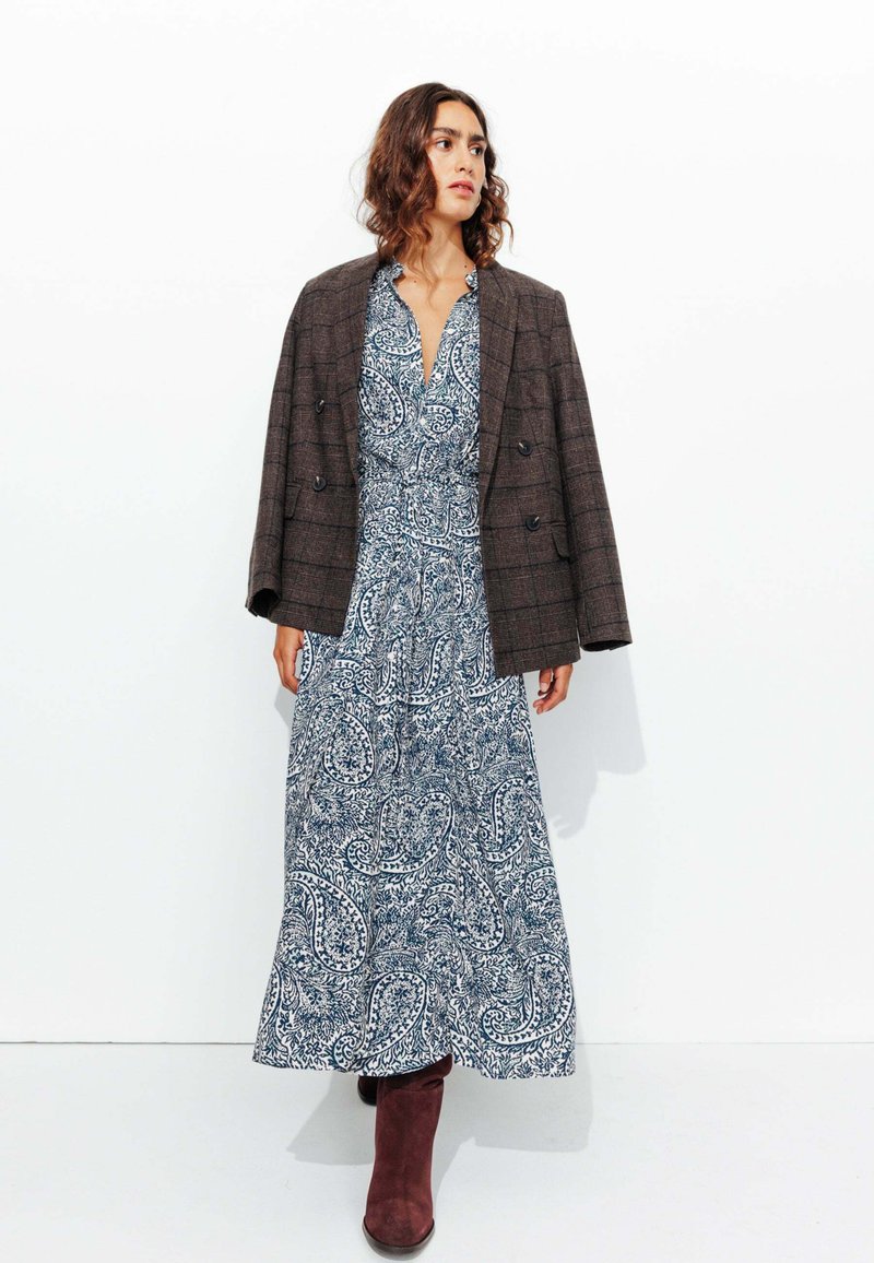 Robe Promod Mi-longue à Motifs Fleurs - Taille 36, Bleu Foncé, Avec Poches, Manches 3/4
