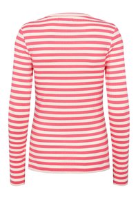 Pikemate varrukatega pealmine osa soonilise tekstuuriga, millel vahelduvad roosad ja valged triibud, ümar kaelus ja keha jälgiv lõige.