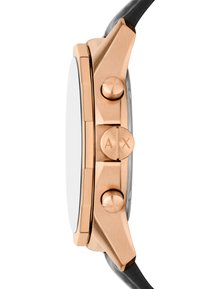 Orologio cronografo con cassa in acciaio inox oro rosa, cinturino in pelle nera, vetro piatto e quadrante rotondo, dotato di due pulsanti e una corona.