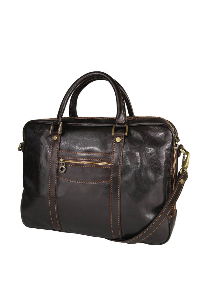 Dark brown leather bag with two handles, a detachable shoulder strap, and a front zipper pocket. Features visible stitching and brass hardware.