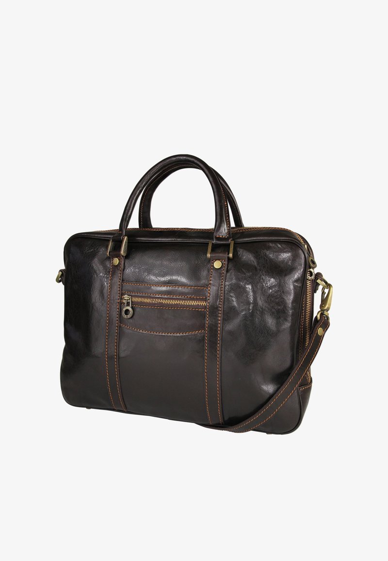 Dark brown leather bag with two handles, a detachable shoulder strap, and a front zipper pocket. Features visible stitching and brass hardware.