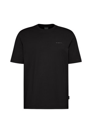 Schwarzes Baumwoll-T-Shirt mit rundem Halsausschnitt, kurzen Ärmeln und einem kleinen weißen Logo auf der linken Brust. Einfaches Design, glatte Textur.