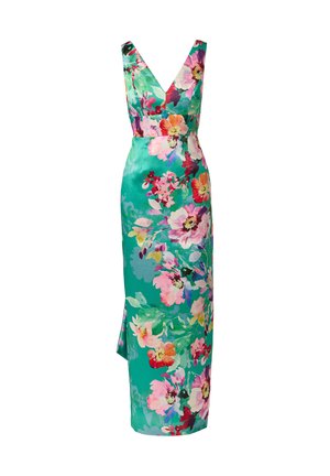 Ärmelloses türkisfarbenes Maxikleid mit tiefem V-Ausschnitt und lebhaftem pinkem, lila und orangefarbenem Blumenprint sowie seitlichem Schlitz.