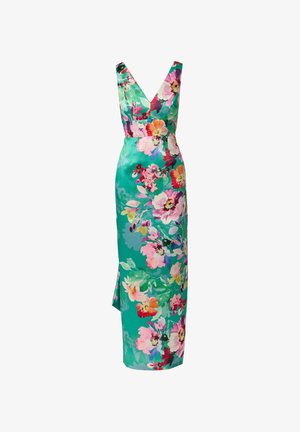 Robe maxi sans manches de couleur turquoise avec un profond décolleté en V et un imprimé floral vif rose, violet et orange, avec une fente sur le côté.