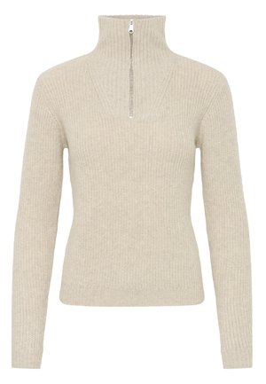 Pull en tricot beige à manches longues, col montant et fermeture éclair quart de zip. Présente un effet côtelé et une finition texturée.