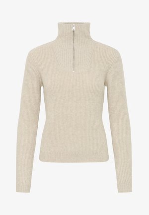Pull en tricot beige à manches longues, col montant et fermeture éclair quart de zip. Présente un effet côtelé et une finition texturée.