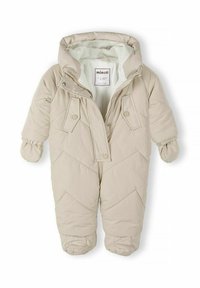Beige gewatteerde kinder sneeuwpak met een capuchon, een ritssluiting aan de voorkant, drukknoopsluitingen en elastische mouwen en voeten voor extra warmte en comfort.
