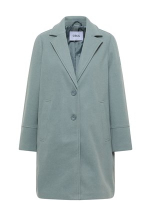 Cappotto in misto lana azzurro chiaro con colletto a rever, bottoni frontali e tasche laterali. Design semplice e dritto con maniche lunghe.
