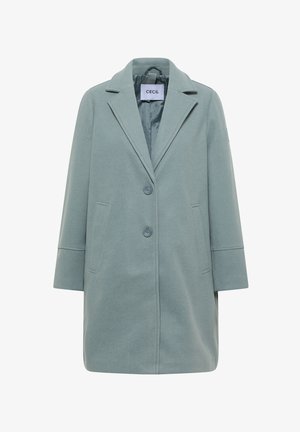 Manteau en mélange de laine bleu clair avec col en V, boutons sur le devant et poches latérales. Design simple, droit avec des manches longues.