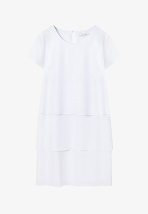 Vestido blanco de manga corta con un diseño en capas, escote redondo y abertura en forma de ojal en la parte trasera. Tela suave y texturizada.