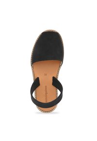 Black suede sandal with a wide toe strap, adjustable ankle strap, and a tan leather insole, size 38. Light stitching detail along the sole.