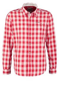 Chemise à manches longues à carreaux rouges et blancs avec fermeture boutonnée à l'avant, poche poitrine et nom de la marque brodé sur la poche.