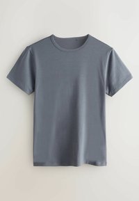 Szürke, rövid ujjú, kerek nyakú póló. Puha, sima tapintású anyagból készült. Minimalista kialakítás minták vagy díszítések nélkül.