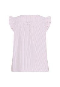 Blouse rayée rose et blanche avec de courtes manches volantées, un col rond et un détail plissé au dos. Tissu léger, coupe décontractée.