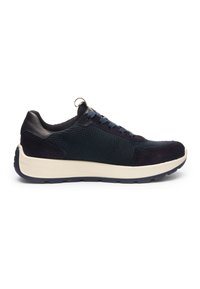 Navy blue sneaker with mesh and suede upper, white thick sole, lace-up closure, and padded collar for casual wear.