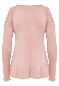 Helle rosa Pullover mit langen Ärmeln, gerippter Textur und ausgestelltem Saum. Mit einem Bootsausschnitt und Raglanärmeln.