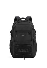 Zaino nero con spallacci imbottiti, più tasche con zip, tasca frontale in rete con dettagli di cucitura e una maniglia superiore per il trasporto.
