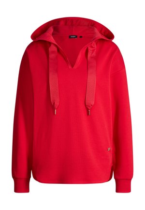 Felpa con cappuccio rossa a maniche lunghe con ampi laccetti, scollatura a V, polsini a coste e piccolo logo metallico vicino all'orlo inferiore.