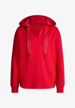 Roter Hoodie mit langen Ärmeln, breiten Kordeln, V-förmigem Ausschnitt, gerippten Bündchen und kleinem Metall-Logo nahe dem unteren Saum.