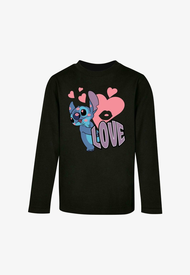 Schwarzes Langarmshirt mit einem Cartoon-Charakter, blau mit schwarzen und pinken Akzenten, neben pinken Herzen und dem Wort "LIEBE" in fetten Buchstaben.