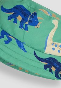 Zöld szövet kalap kék és bézs dinoszaurusz mintákkal. Puha tapintású, és a karimán varrott varratok találhatók.