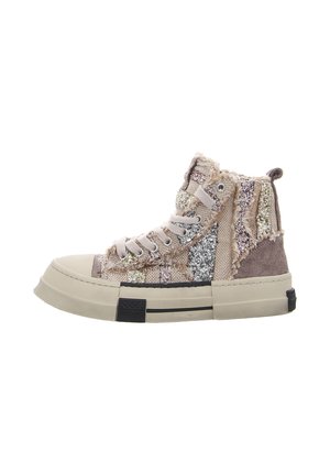 High-top sneakers with a beige, textured fabric upper. Features silver and gold glitter accents, a thick cream rubber sole, and beige laces.