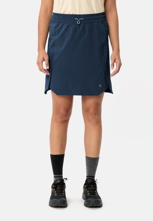 Marineblaue Sportskirt mit elastischem Bund und Kordelzug, seitlichen Schlitzen und reflektierenden Details am Saum.
