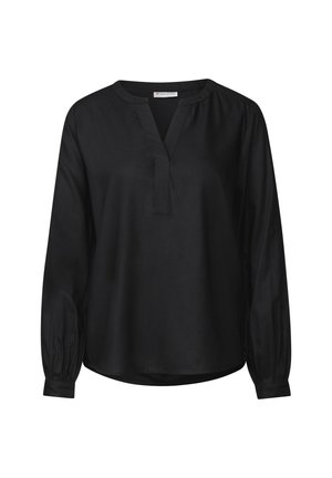 Musta pitkähihaine pusero pehmeästä kankaasta, jossa on V-kaula-aukko, rypistetyt hihansuut ja rento istuvuus, jossa on hieman kaareva helma.