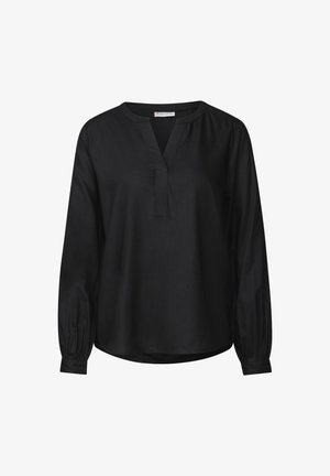 Musta pitkähihaine pusero pehmeästä kankaasta, jossa on V-kaula-aukko, rypistetyt hihansuut ja rento istuvuus, jossa on hieman kaareva helma.