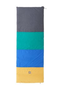 Slaapzak met een rechthoekige vorm en vier horizontale kleurblokken: grijs, groen, blauw en geel. Soepele textuur met een logo-detail.