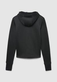 Felpa nera corta con cappuccio regolabile, maniche lunghe, polsini a costine e una texture liscia. Senza loghi o motivi visibili.