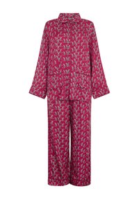 Fuchsiafarbenes Pyjama-Set aus weichem Stoff, mit Kragen, Knopfleiste vorne und gemustertem Design mit grauen Akzenten. Mit langen Ärmeln und passenden Hosen.