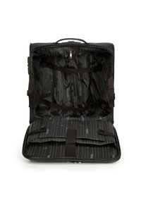 Sacoche d'ordinateur portable noire avec un design structuré, fermeture zippée, compartiments intérieurs et sangles ajustables ; doublé de tissu rayé noir et gris.