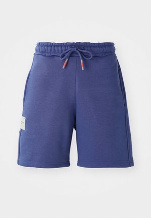 Navy blue sweat shorts with an elastic waistband, drawstring accents, and side pockets. Made from a soft fabric with a smooth texture.